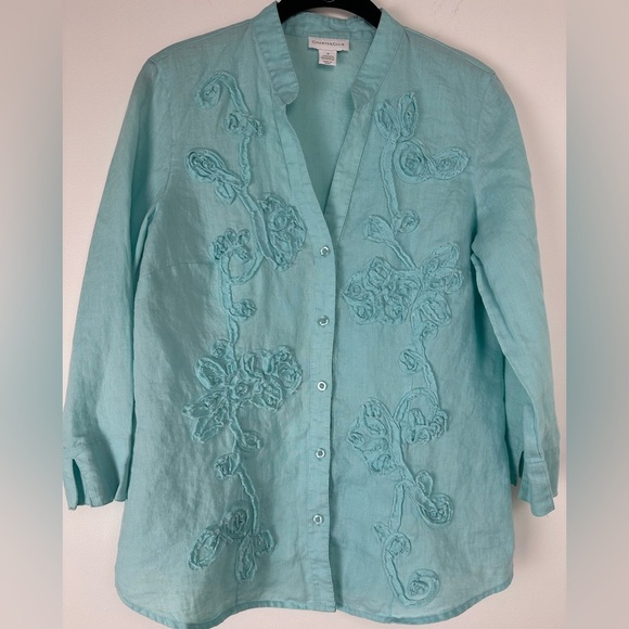 Coldwater Creek Linen Button Up Size 8 Blue Floral Beachy Resortwear Vacation - Picture 1 of 7